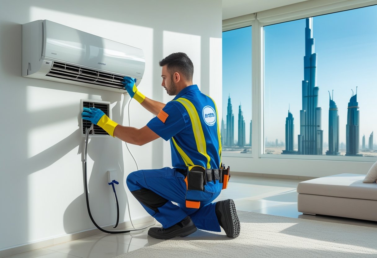 A technician in uniform cleaning a wall-mounted air conditioning unit inside a modern living room with a view of Dubai's skyline.