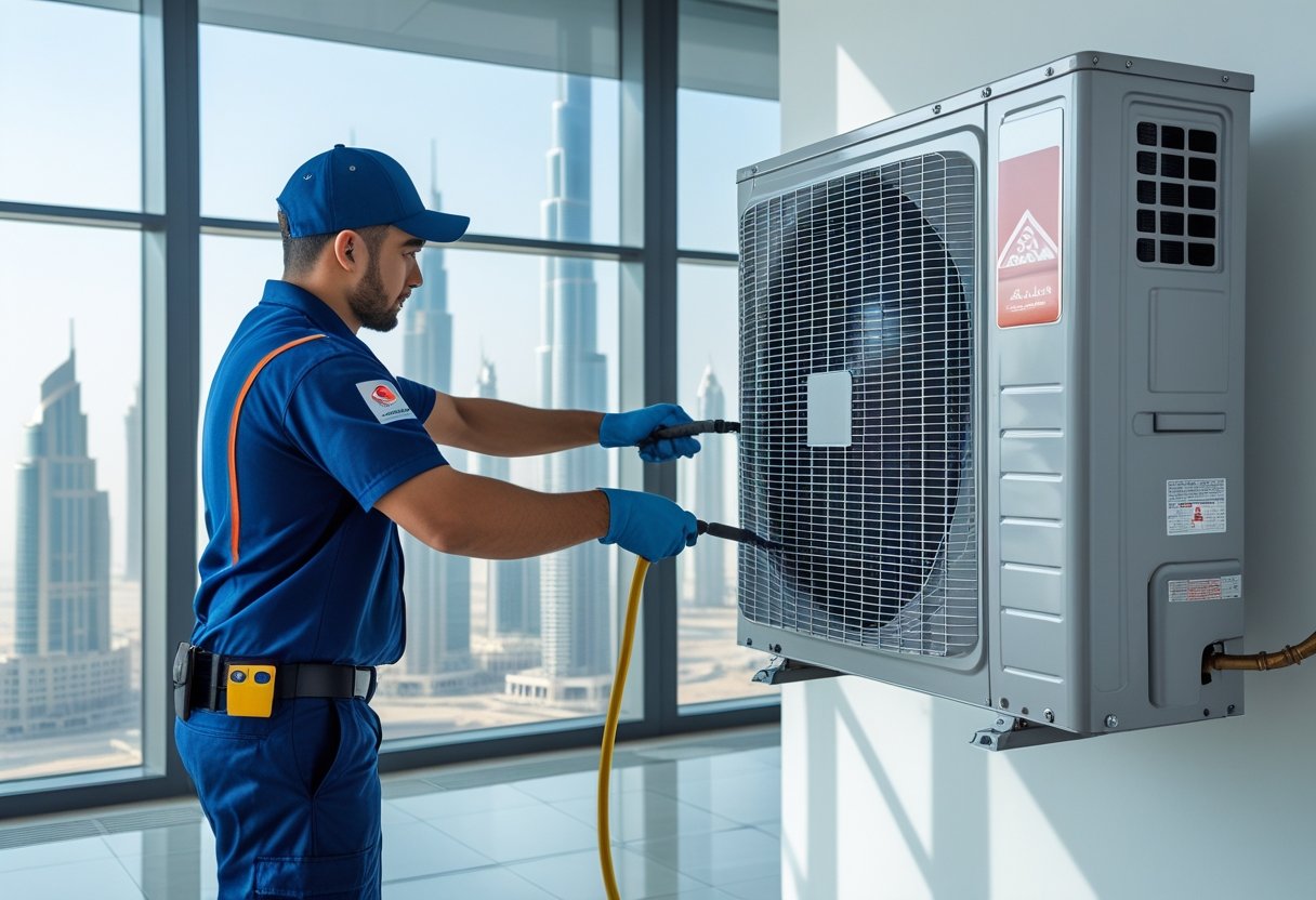 A technician cleaning an air conditioning unit inside a modern office with a view of Dubai skyscrapers through large windows.