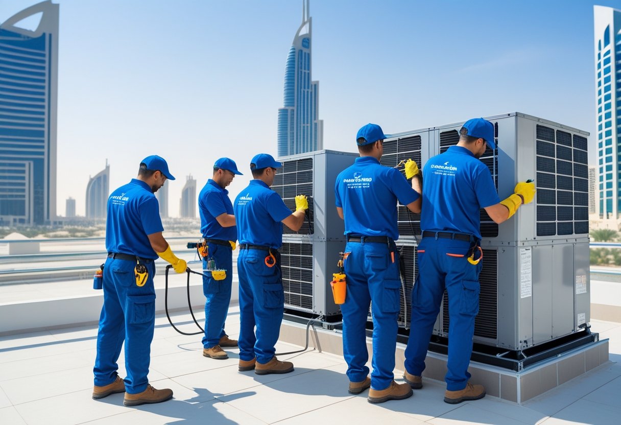Five HVAC technicians cleaning air conditioning units on a rooftop with Dubai city buildings in the background.