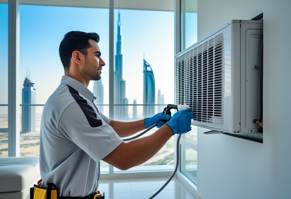Technician cleaning an air conditioner in a modern apartment with a view of Dubai's skyline.